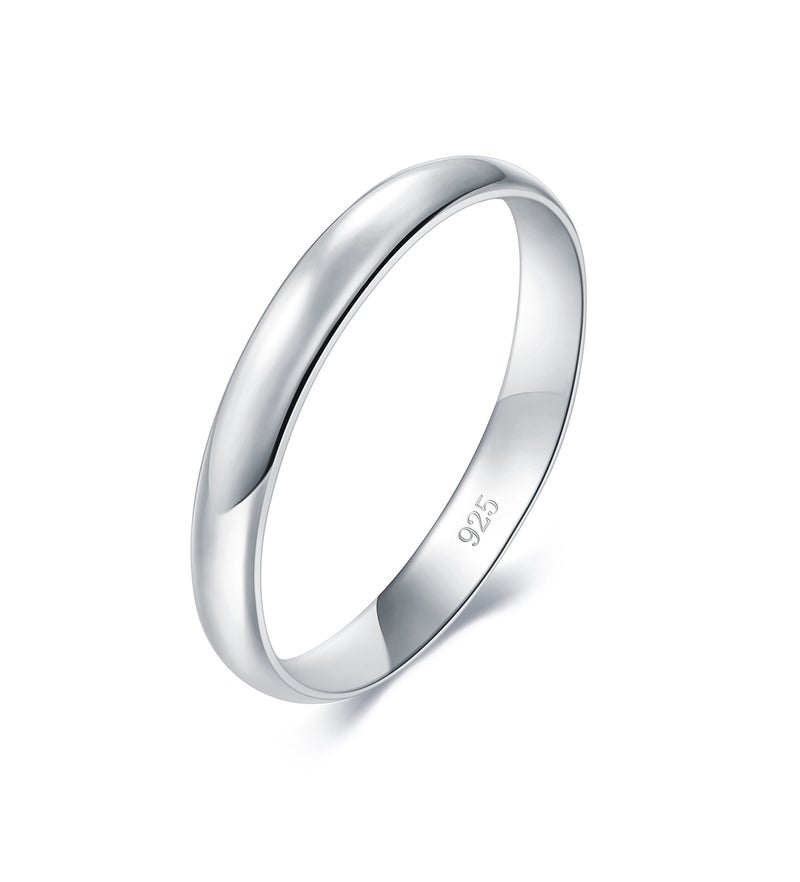 BORUO 925 Sterling Silver Ring High Polish Plain Dome Tarnish Resistant Comfort Fit Wedding Band 3mm Ring Size 7.5 - Image 1